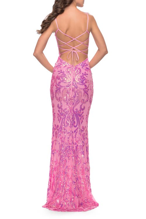 La Femme Print Sequin Gown With Square Neckline In Neon Pink