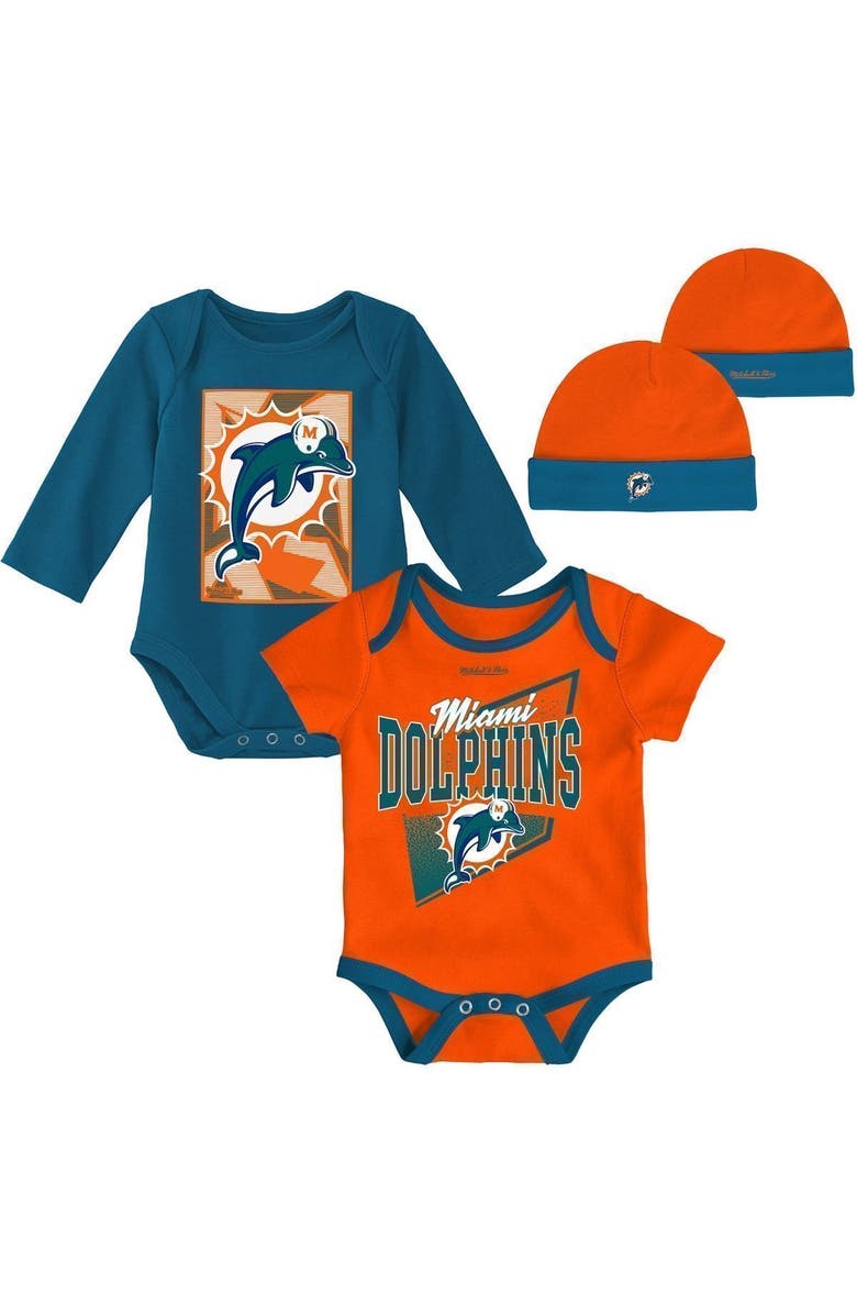 Outerstuff Newborn & Infant Orange/Aqua Miami Dolphins Victory Formation Throwback Three-Piece Bodysuit and Knit Hat Set, Alternate, color,
