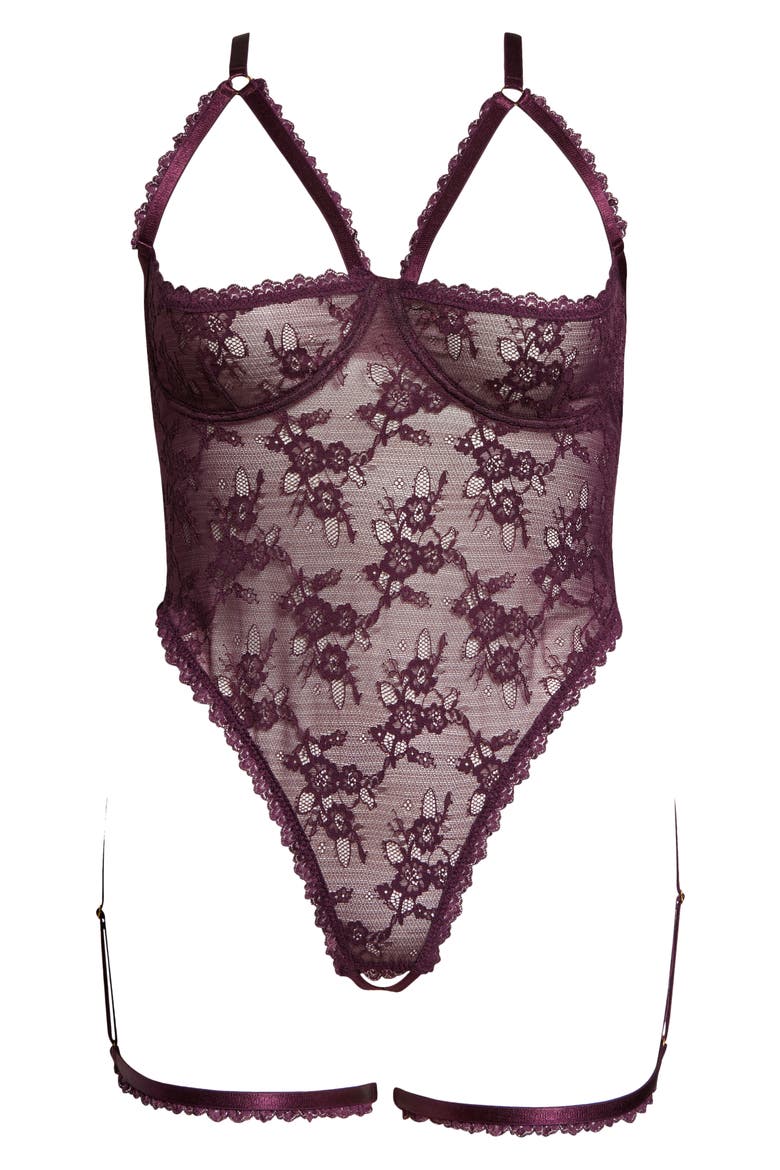 Elayne Lace Open Cup Underwire Teddy with Garter Straps, Alternate, color, POTENT PURPLE