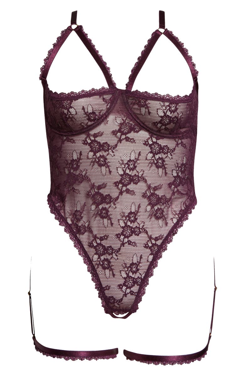 Oh La La Cheri Elayne Lace Open Cup Underwire Teddy with Garter Straps, Alternate, color, Potent Purple