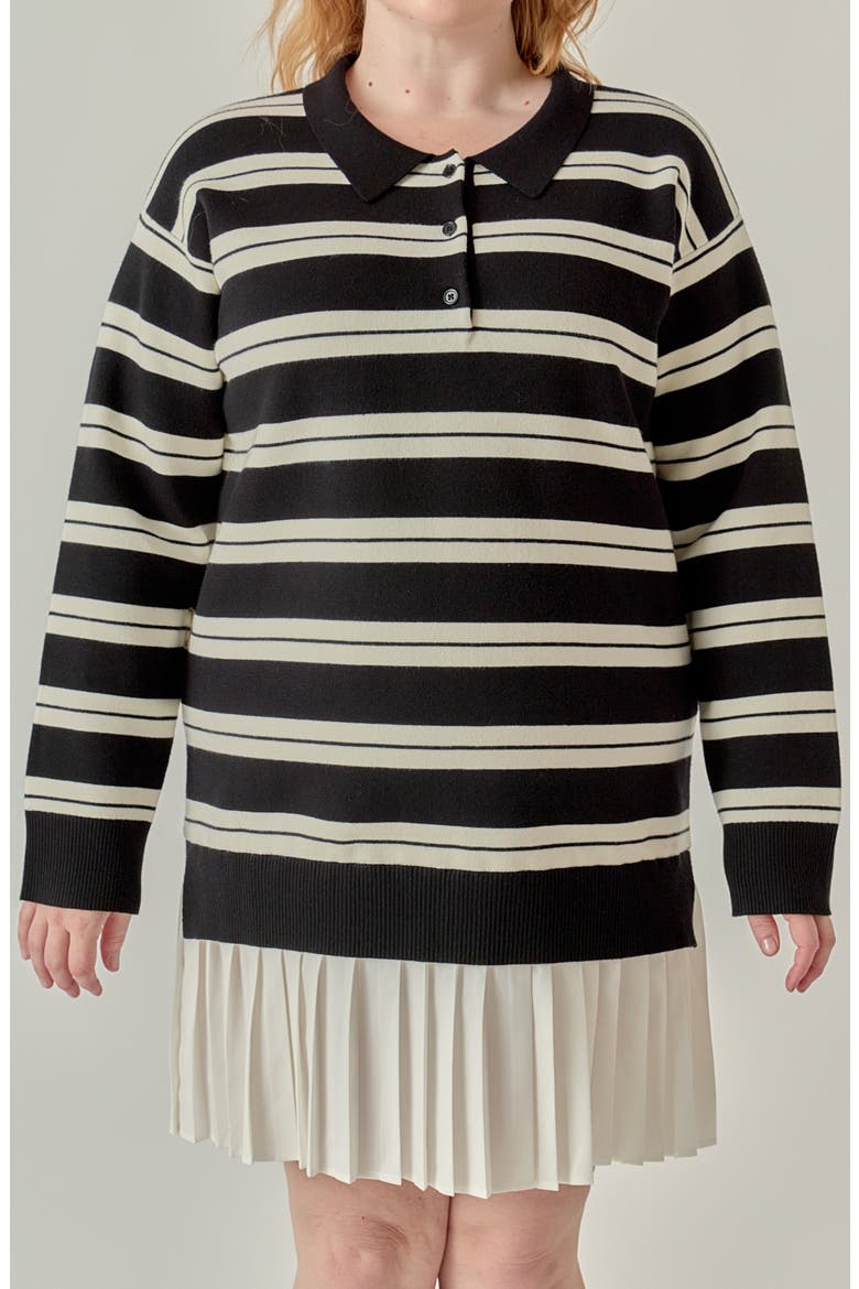 Long Sleeve Mixed Media Polo Minidress, Alternate, color, BLACK/ CREAM