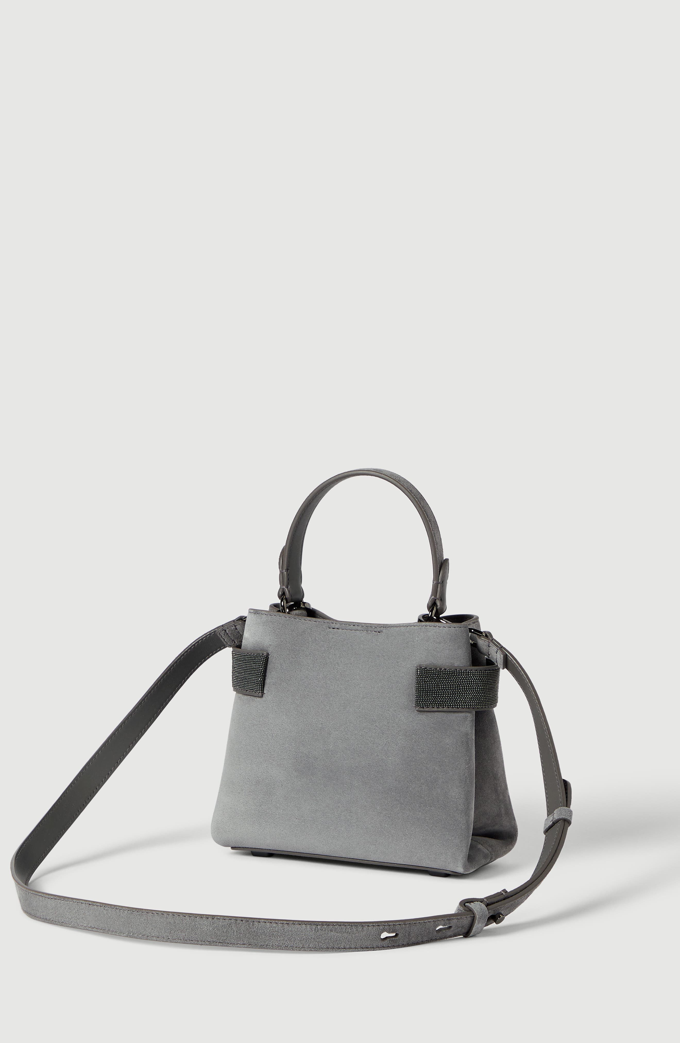 Essence small top-handle bag in suede with precious bands, Alternate, color, Stone Grey