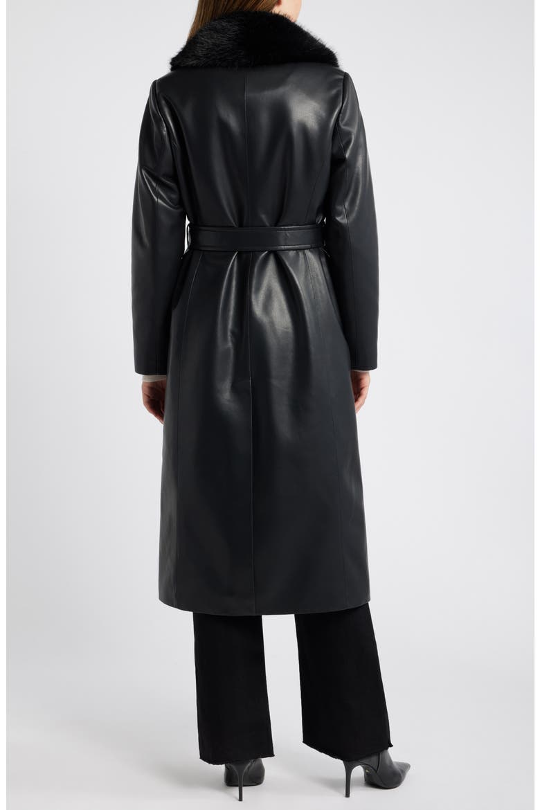 Belted Faux Leather Coat with Faux Fur Collar, Alternate, color, BLACK