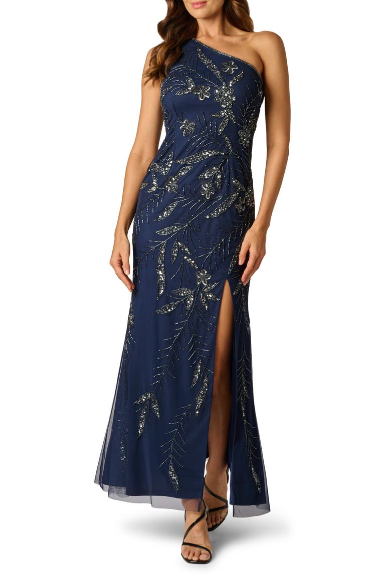 3D Beaded & Sequin One-Shoulder Gown, Main, color, LIGHT NAVY