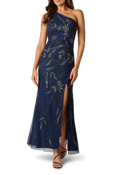 3D Beaded & Sequin One-Shoulder Gown