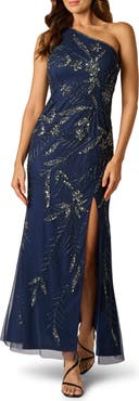 Adrianna Papell 3D Beaded & Sequin One-Shoulder Gown
