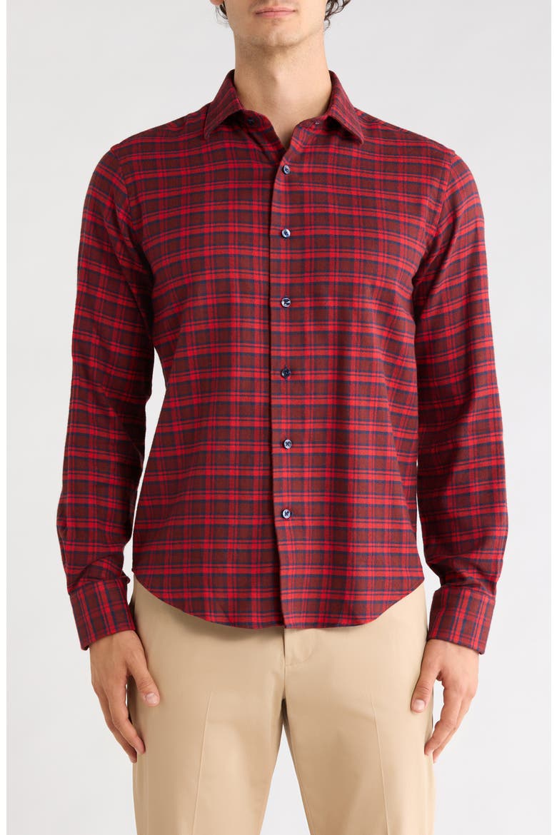 Plaid Flannel Trim Fit Button-Down Shirt, Main, color, CRANBERRY