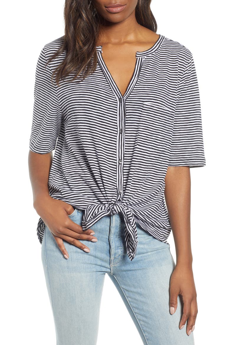 Tie Front Tee, Main, color, BLACK- WHITE EVEN STRIPE