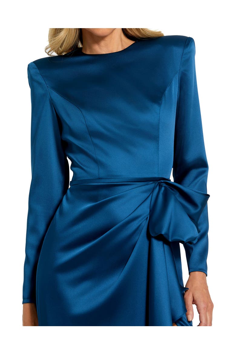 Petite Long Sleeve Satin Structured Bow Draped Column Gown, Alternate, color, Ocean Blue
