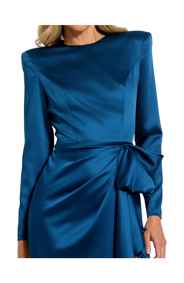 Mac Duggal Petite Long Sleeve Satin Structured Bow Draped Column Gown, Alternate, color, Ocean Blue
