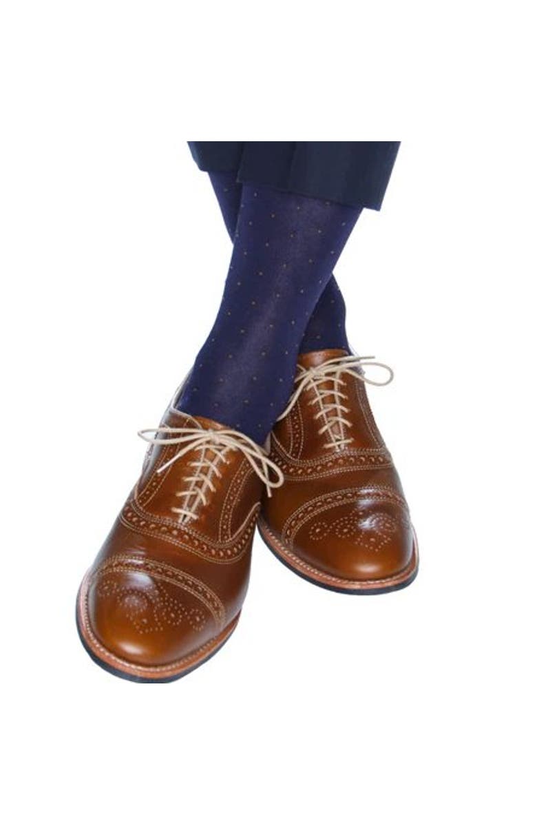 Trafalgar Gerald Classic Pin Dot Mercerized Cotton Mid-Calf Socks, Alternate, color, Navy With Gold Pindot