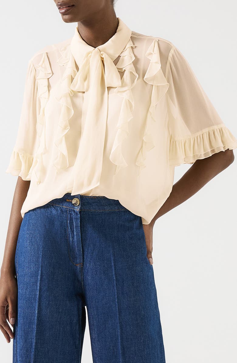 LK Bennett Corissa Ruffle Chiffon Button-Up Shirt, Alternate, color, Ivory