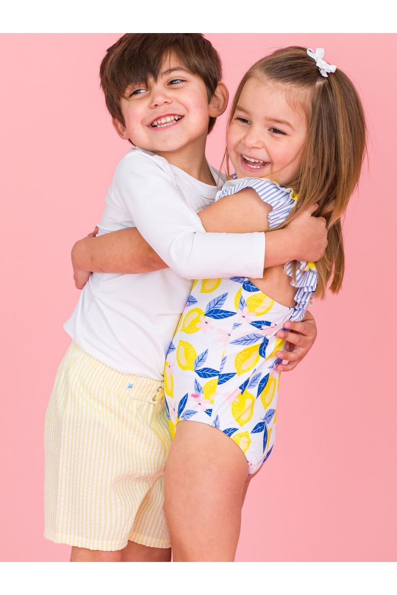 Toddler Boys UPF50+ Swim Trunks, Alternate, color, Banana Seersucker