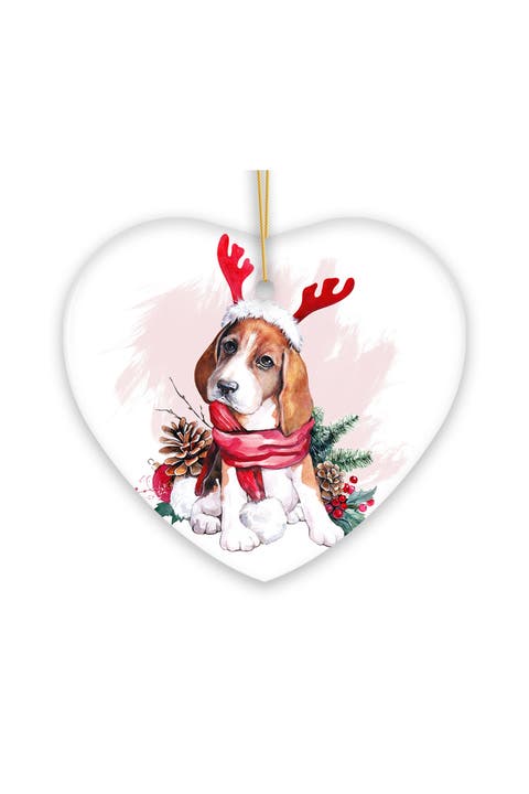 Reindeer Antler Beagle Pup Heart Ceramic Ornament