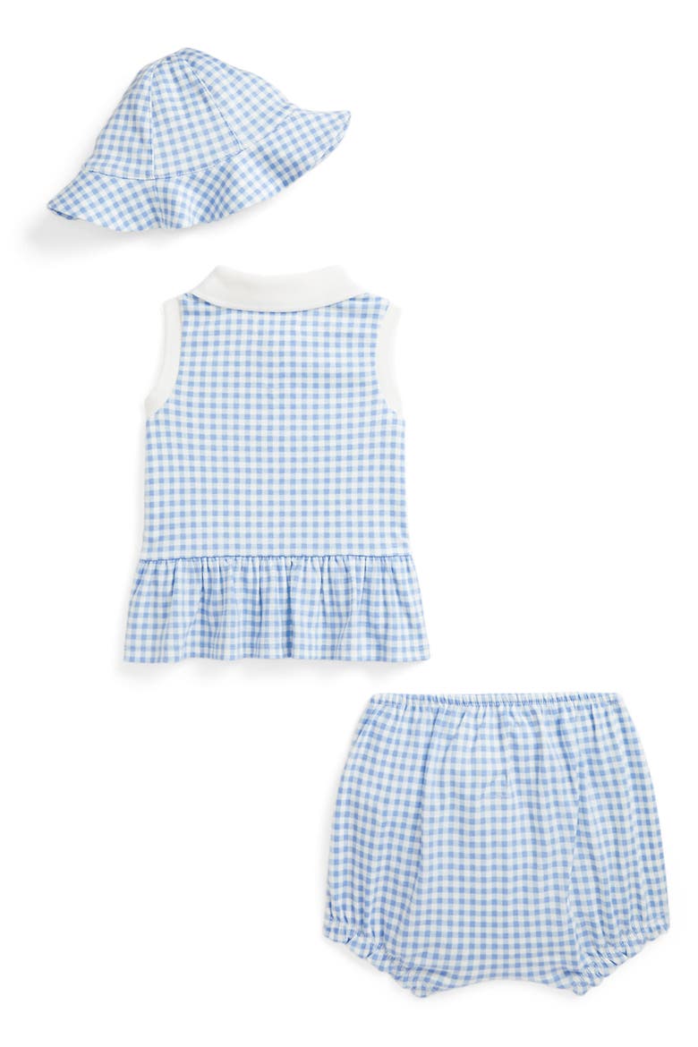 Cotton Gingham Polo, Bloomers & Sun Hat Set, Alternate, color, BLUE BABY GINGHAM W/ NEVIS PP