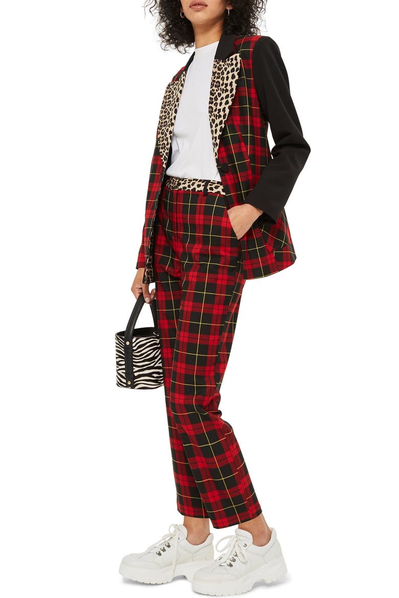 Leopard Trim Tartan Trousers, Alternate, color, RED MULTI