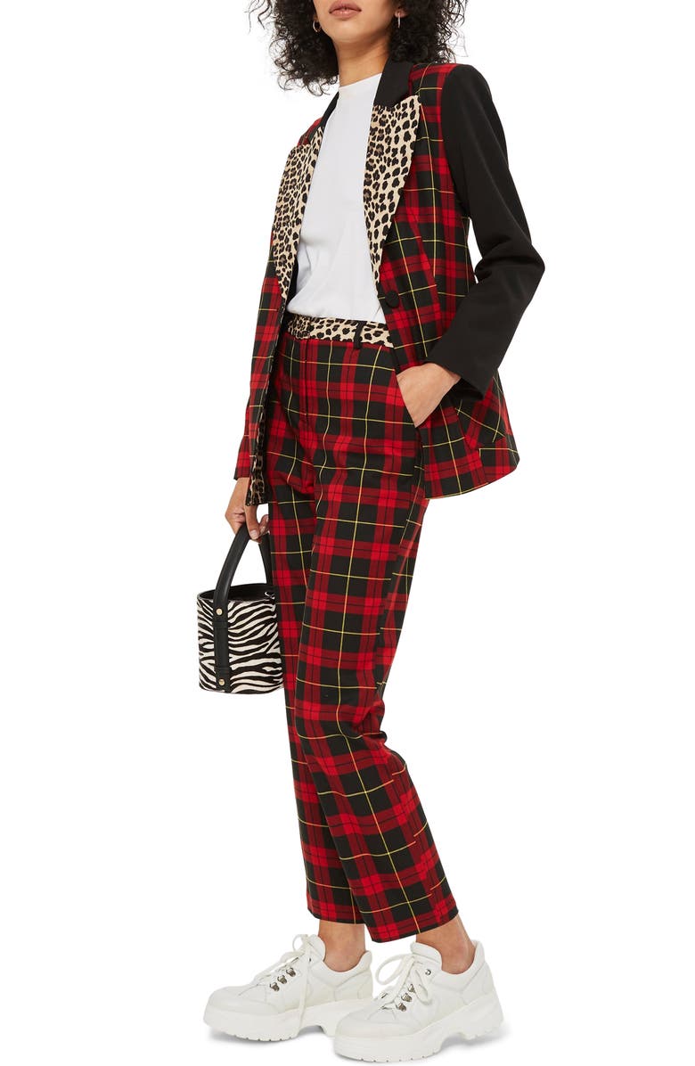 Topshop Leopard Trim Tartan Trousers, Alternate, color, 
