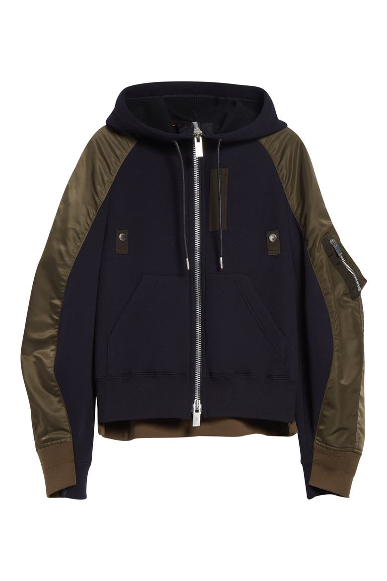 Sponge Sweat x Nylon Twill Full Zip Hoodie, Alternate, color, NAVY/ DARK KHAKI