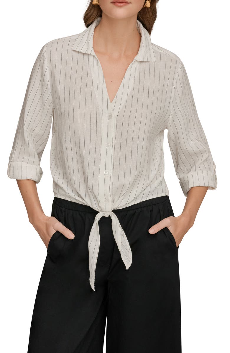 Donna Karan New York Yarn Dye Stripe Crop Linen Blend Button-Up Shirt, Main, color, Cream/ Black
