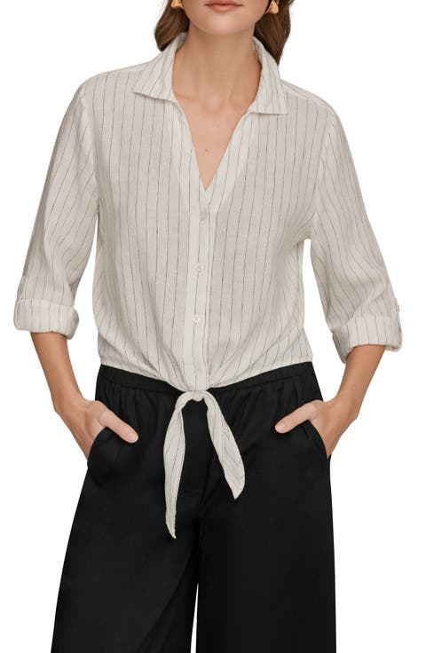 Yarn Dye Stripe Crop Linen Blend Button-Up Shirt