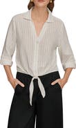 Donna Karan New York Yarn Dye Stripe Crop Linen Blend Button-Up Shirt