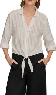 Donna Karan New York Yarn Dye Stripe Crop Linen Blend Button-Up Shirt