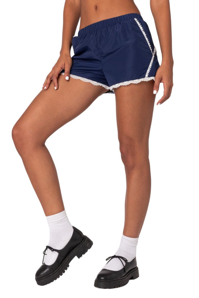 Kallie Lace Trim Track Shorts, Alternate, color, NAVY