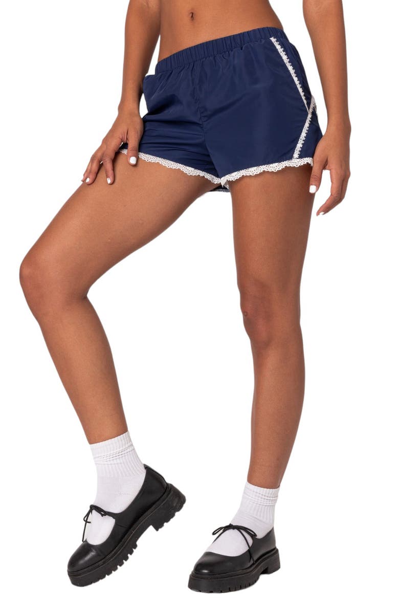 EDIKTED Kallie Lace Trim Track Shorts, Alternate, color, Navy