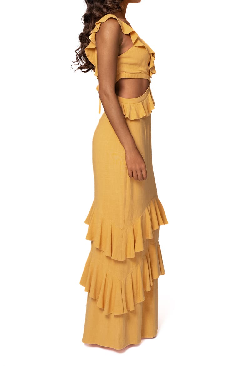 Sunshine Cutout Ruffle Cotton & Linen Maxi Dress, Alternate, color, YELLOW