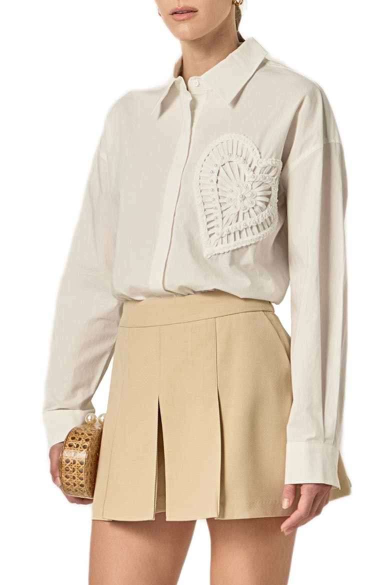 Faux Pearl Embellished Heart Button-Up Shirt, Alternate, color, WHITE