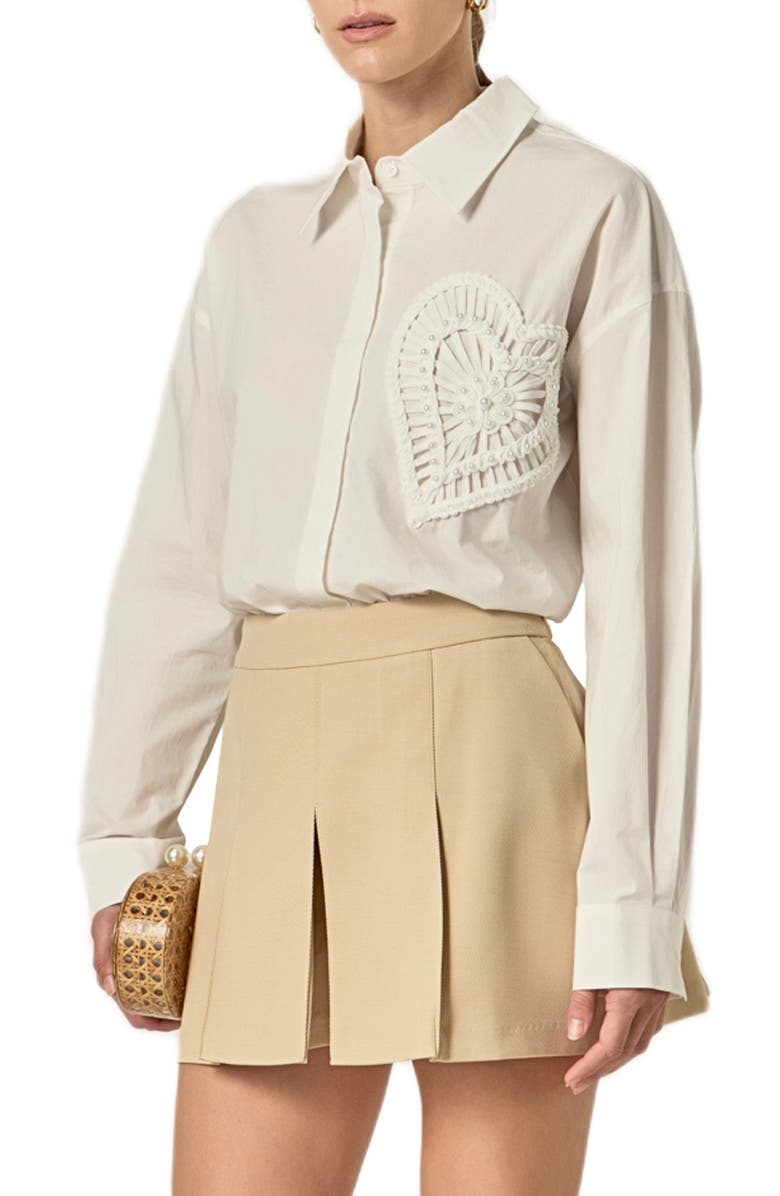 English Factory Faux Pearl Embellished Heart Button-Up Shirt, Alternate, color, White