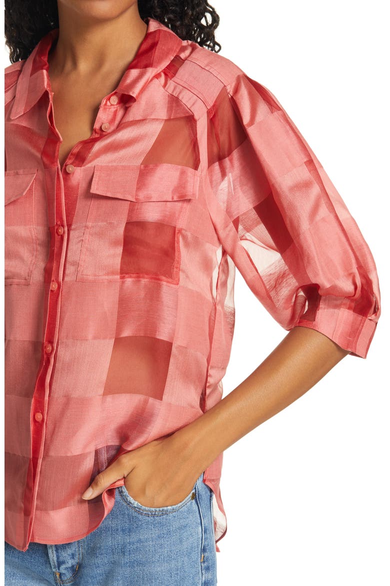 Check Silk & Linen Organza Shirt, Alternate, color, KISS