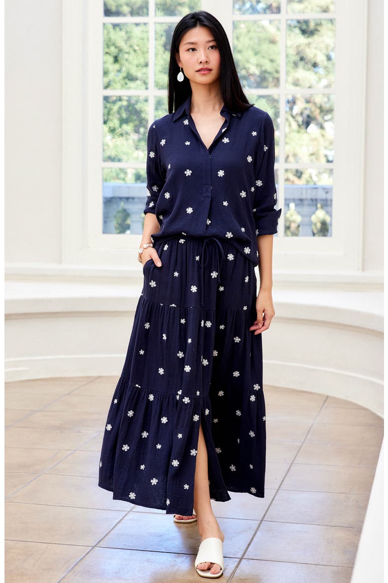 Embroidered Ruched Sleeve Cotton Gauze Shirt, Alternate, color, NAVY