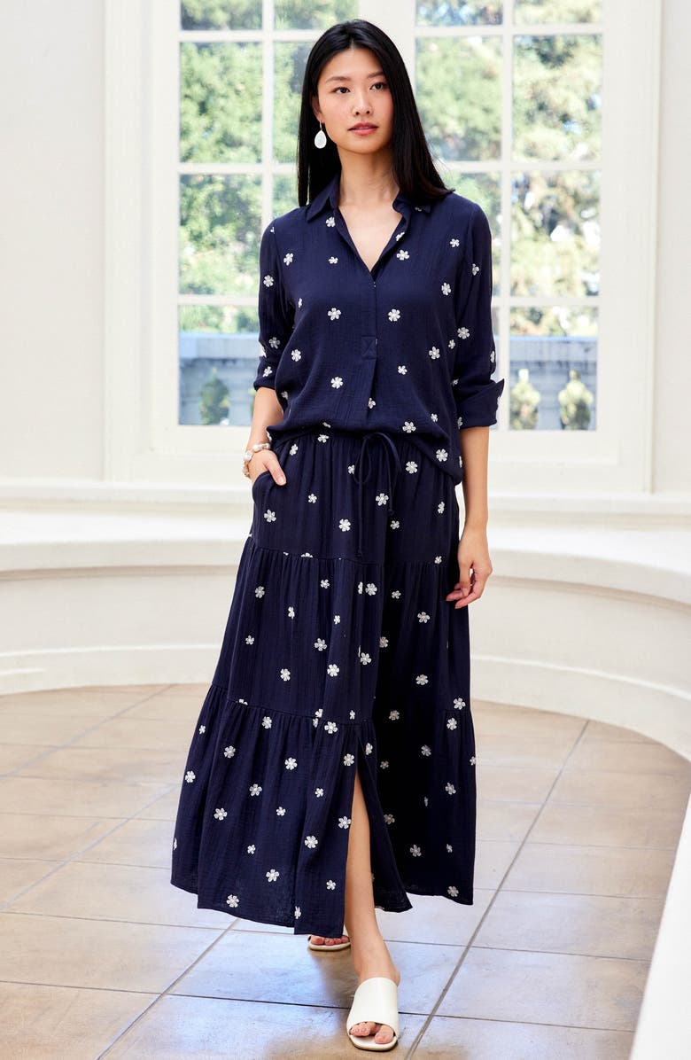 Karen Kane Embroidered Ruched Sleeve Cotton Gauze Shirt, Alternate, color, Navy