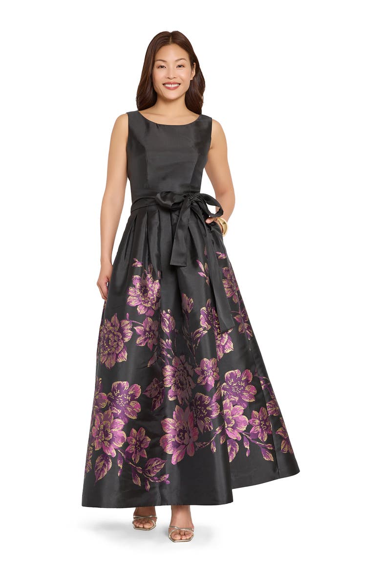 Placed Metallic Floral Sleeveless Gown, Alternate, color, BLACK CRANBERRY