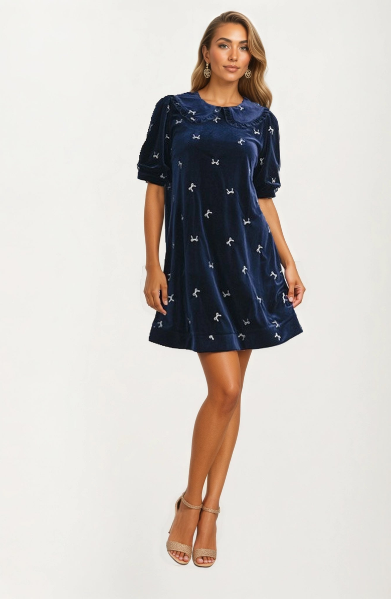 Knit and Lounge Embroidered Velvet Peter Pan Collar Mini Dress, Alternate, color, 