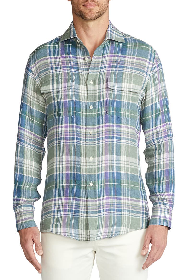 Plaid Linen Button-Up Shirt, Main, color, GREEN MULTICOLOR