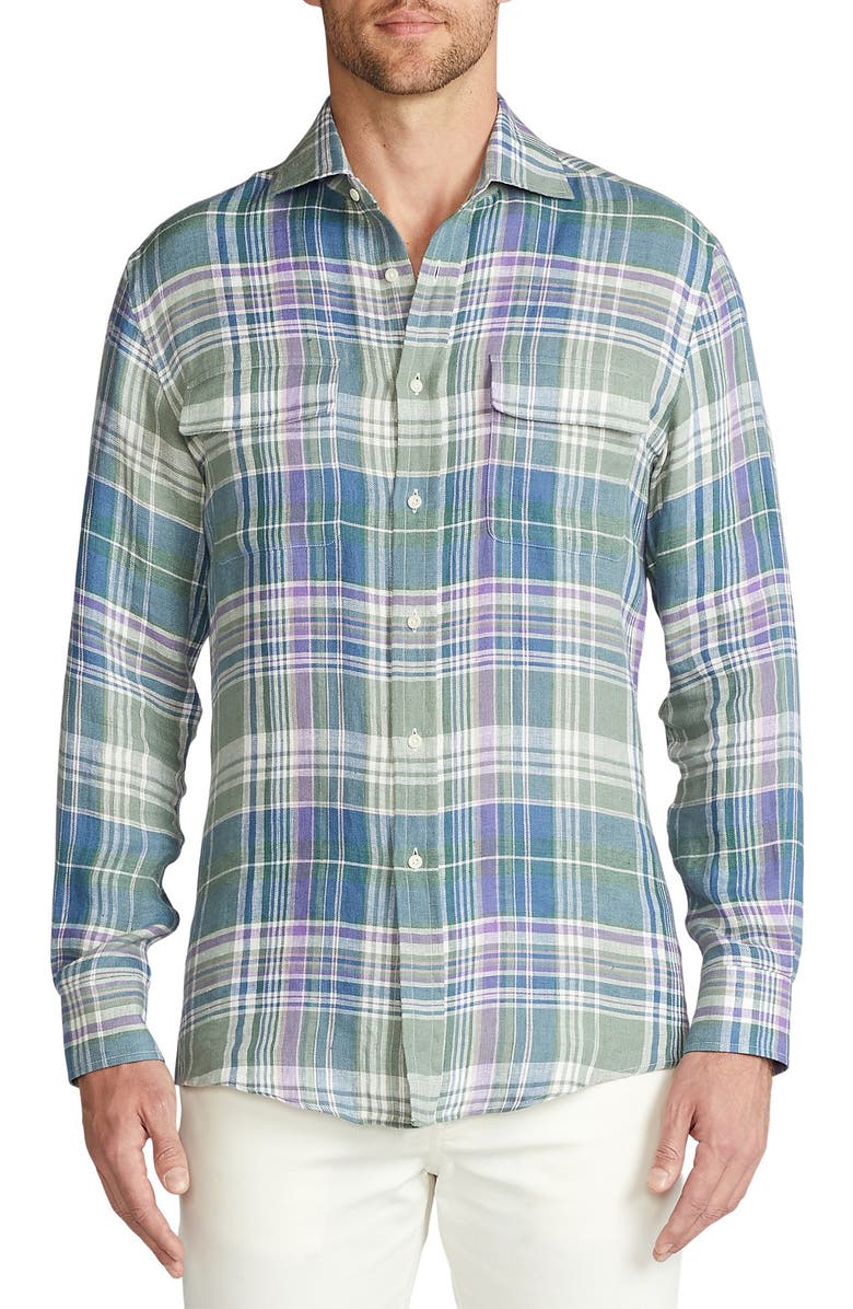 Ralph Lauren Purple Label Plaid Linen Button-Up Shirt, Main, color, 