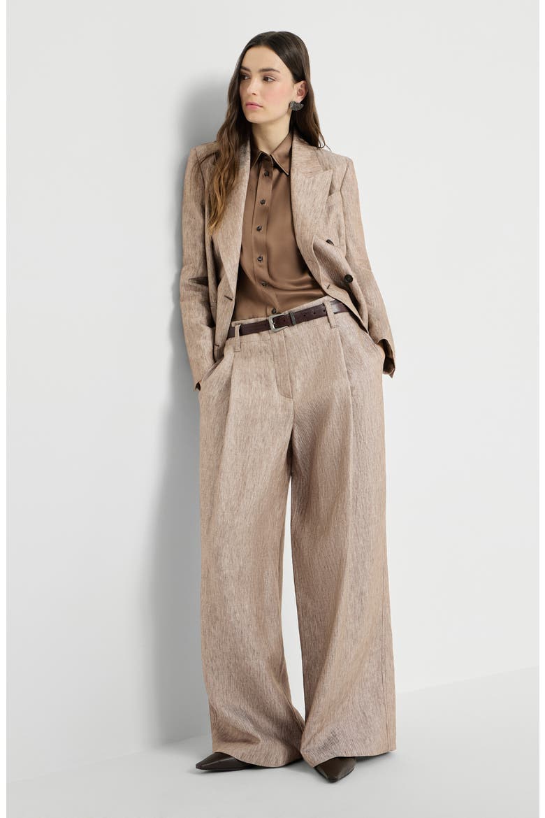 Linen denim pleated A-Line trousers with monili, Alternate, color, Beige