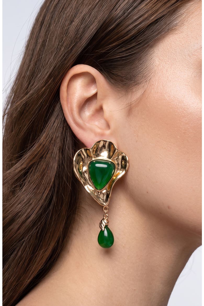 Cabochon Teardrop Statement Drop Earrings, Alternate, color, GREEN/ GOLD
