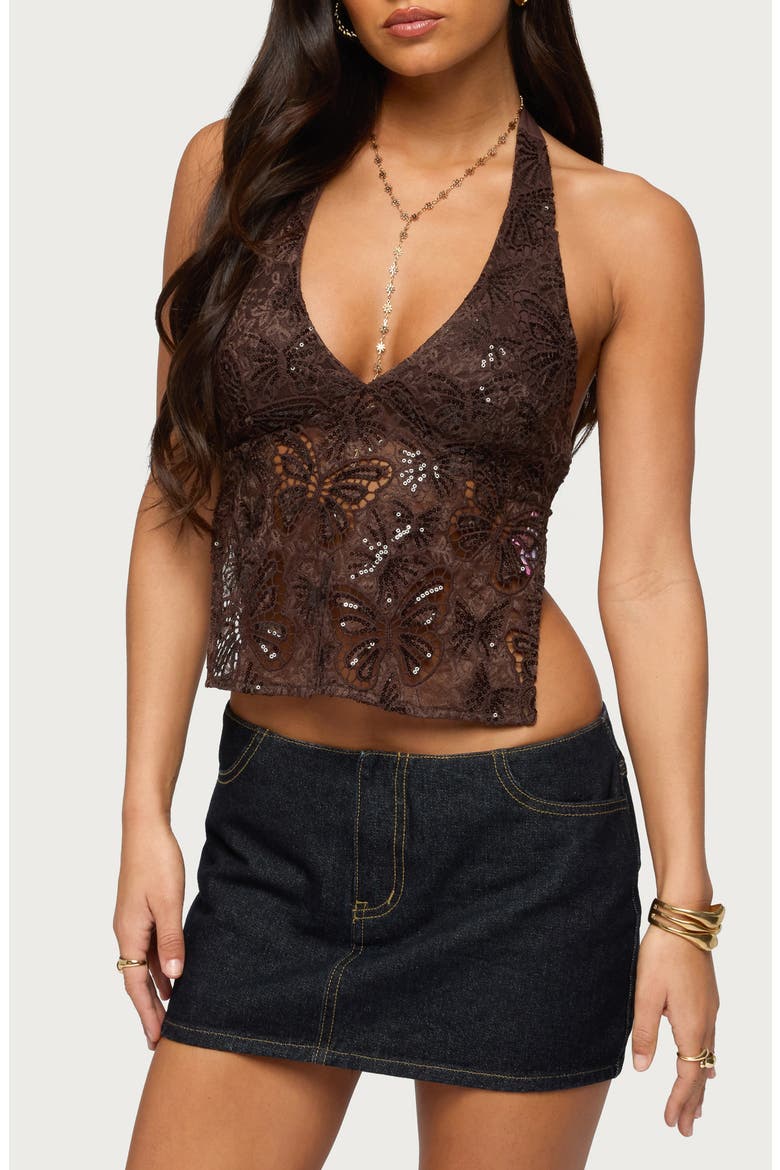 Butterfly Sequin Open Back Halter Top, Main, color, BROWN