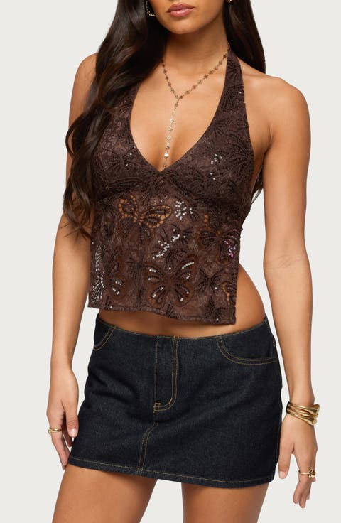 Butterfly Sequin Open Back Halter Top