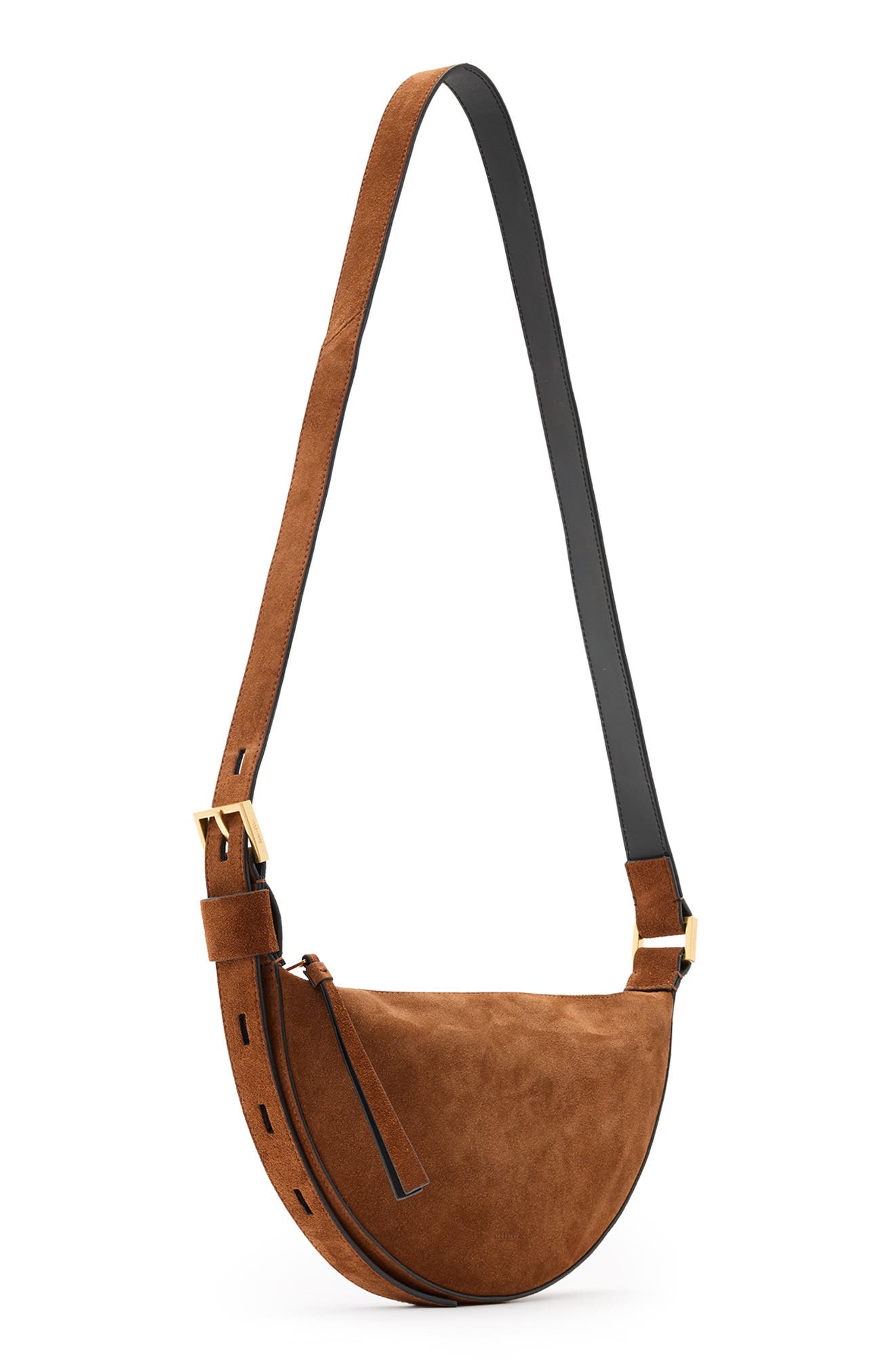 AllSaints Half Moon Suede Crossbody Bag, Alternate, color, Cognac Brown