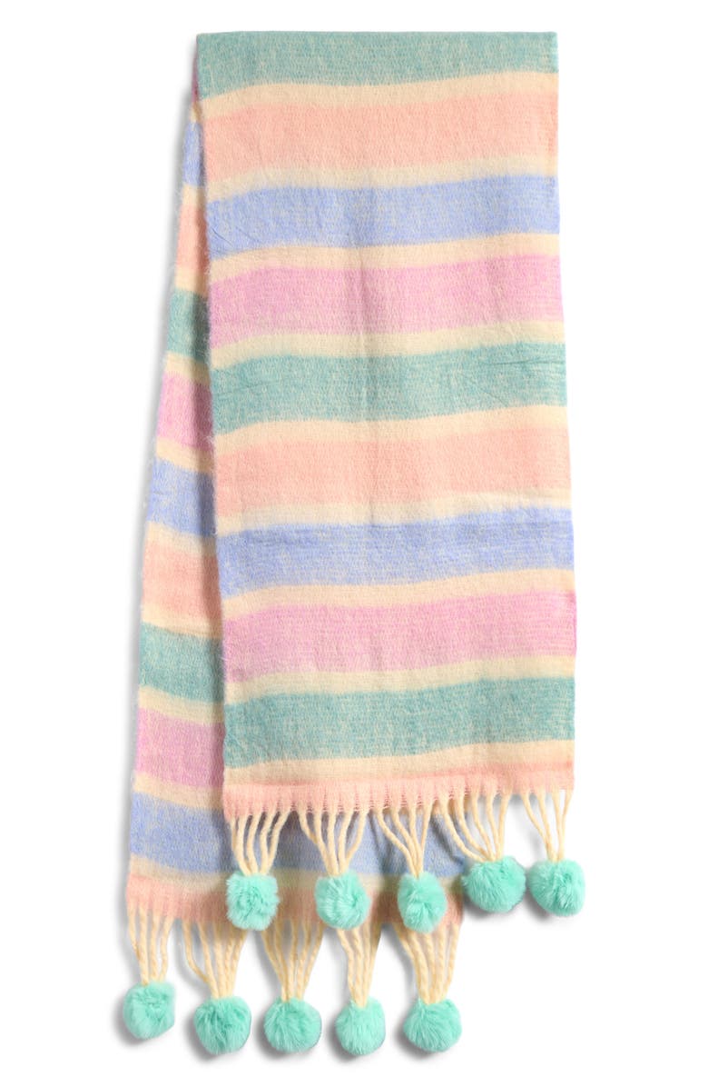 Tasha Pastel Stripe Scarf with Faux Fur Pom Fringe, Alternate, color, Pastel Multi