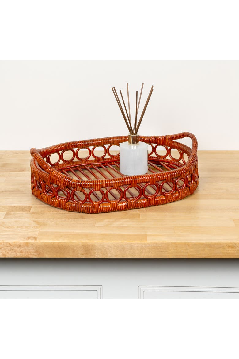 Cassini Handcrafted Rattan Oval Geometric Loop Ring Decorative Serving Tray with Handles and Slat Base, Alternate, color, Auburn