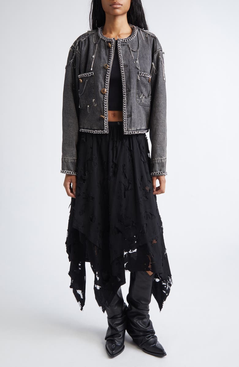 R13 Ripped Handkerchief Midi Skirt, Alternate, color, Black