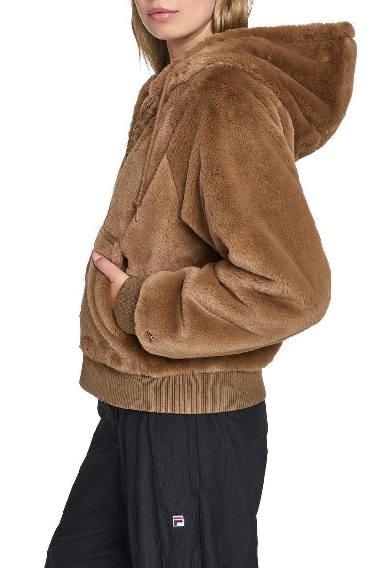 Faux Fur Bomber Hoodie, Alternate, color, COGNAC
