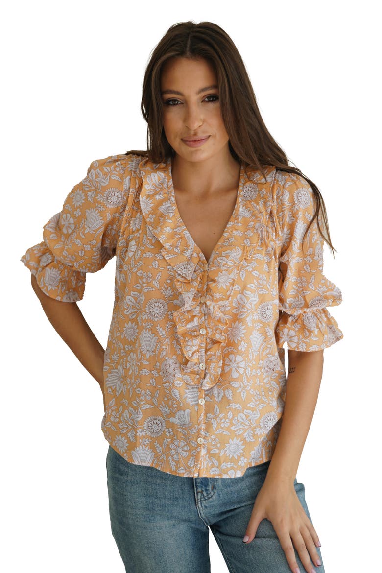 Chloe Floral Ruffle Cotton Shirt, Main, color, Poppy Garden