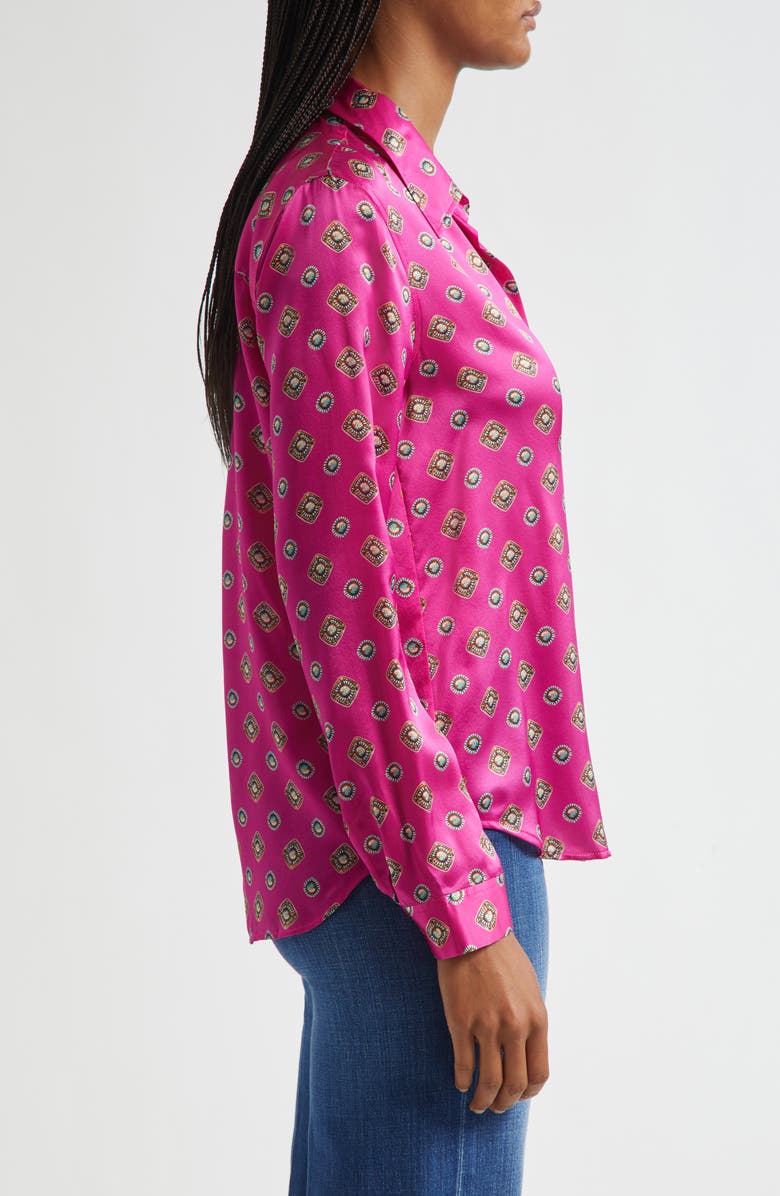 L'AGENCE Tyler Geometric Turquoise Print Silk Button-Up Shirt, Alternate, color, Fuchsia/ Turquoise Geometric