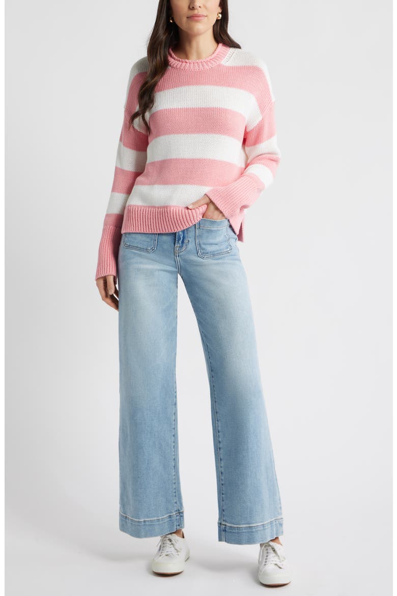 Stripe Roll Neck Cotton Sweater, Alternate, color, PINK DIANTHUS- WHITE STRIPE